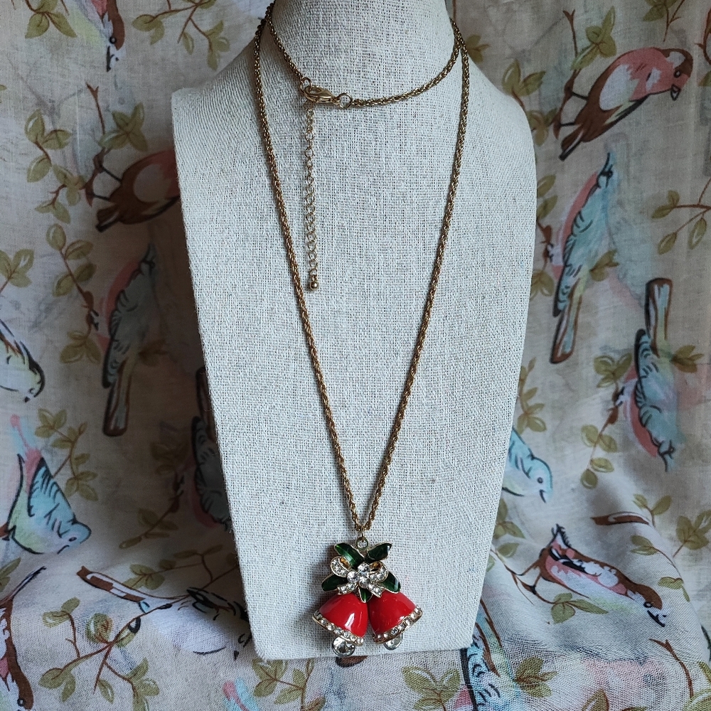 Christmas Bells Red Enameled Rhinestone Holiday Jewelry Necklace Vintage Golden
